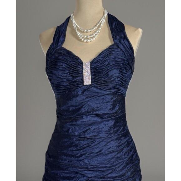 Vintage Cachet Navy Rhinestone Halter Ruched Cocktail Evening Dress Size 6 Glam - Picture 2 of 12